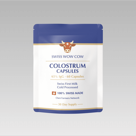 Swiss Wow Cow Colostrum Capsules, 65% IgG, 60-count, cold-processed, 100% Swiss-made, with cow graphic.
