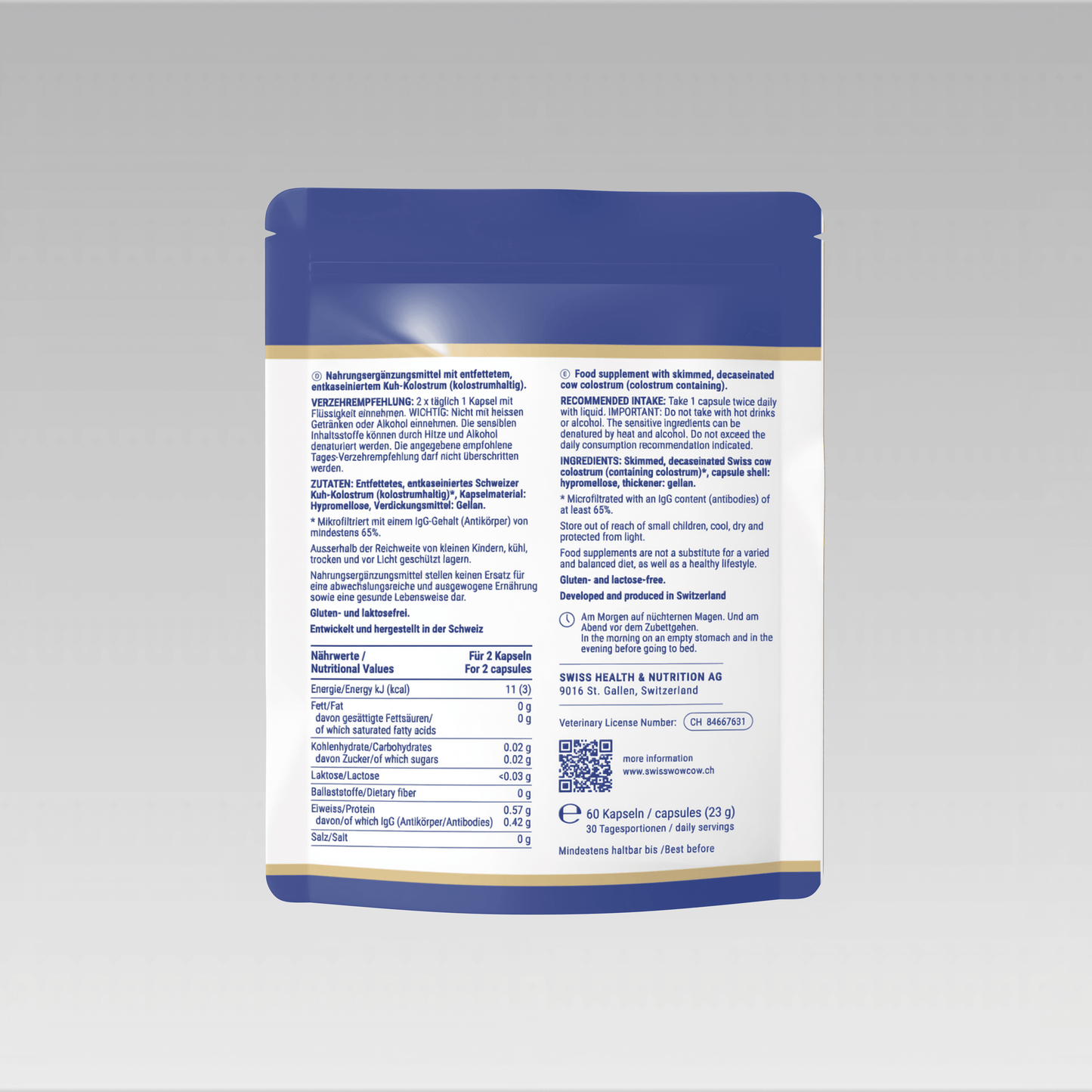 Blue and gold pouch of dietary supplement capsules, featuring nutritional information and usage directions.