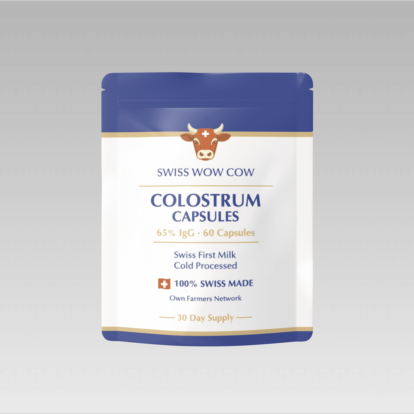 Swiss Wow Cow Colostrum Capsules, 65% IgG, 60-count, cold-processed, 100% Swiss-made, with cow graphic.