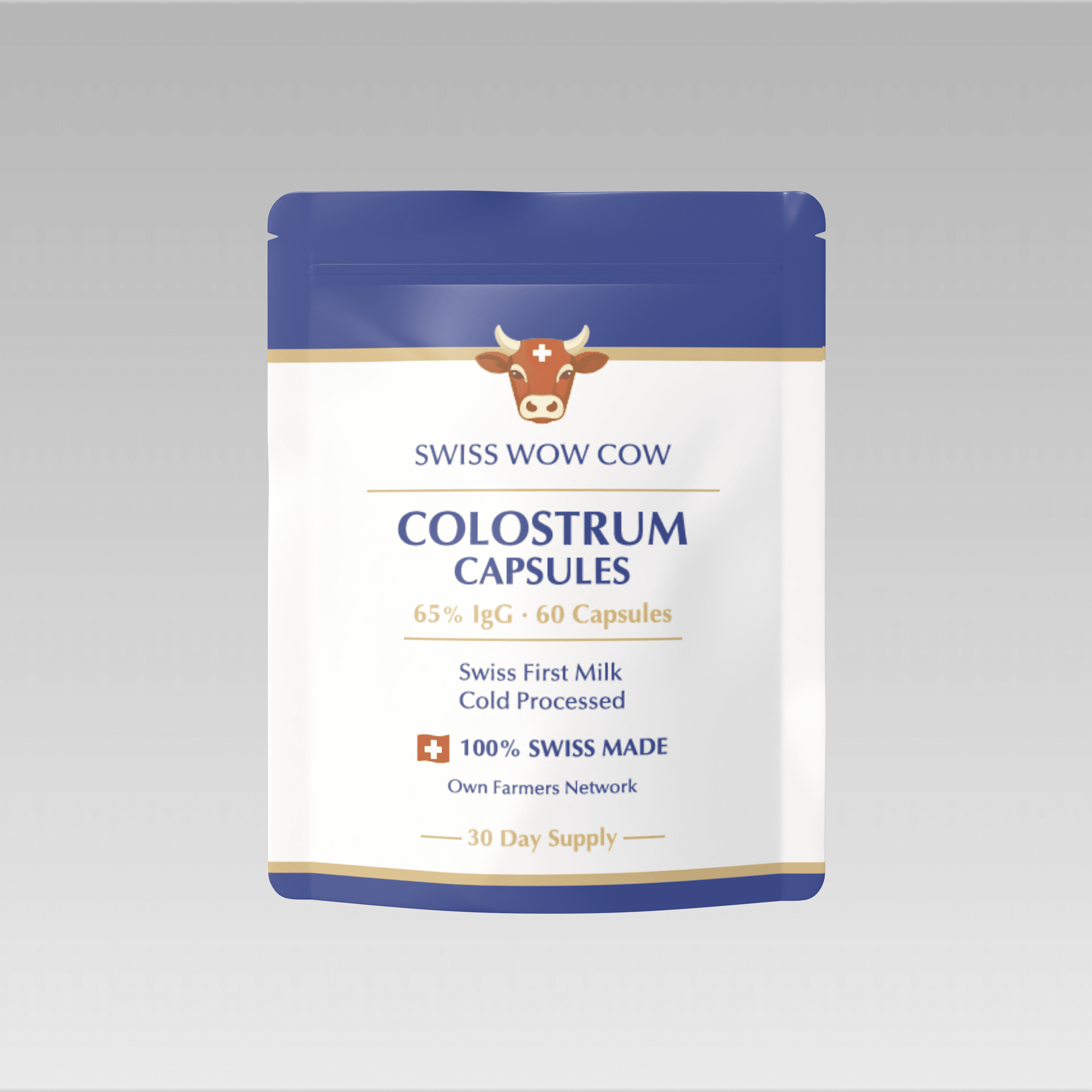 Swiss Wow Cow Colostrum Capsules, 65% IgG, 60-count, cold-processed, 100% Swiss-made, with cow graphic.