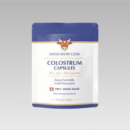 Swiss Wow Cow Colostrum Capsules, 65% IgG, 60-count, cold-processed, 100% Swiss-made, with cow graphic.