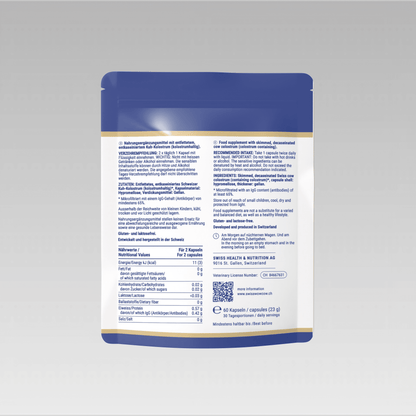 Blue and gold pouch of dietary supplement capsules, featuring nutritional information and usage directions.