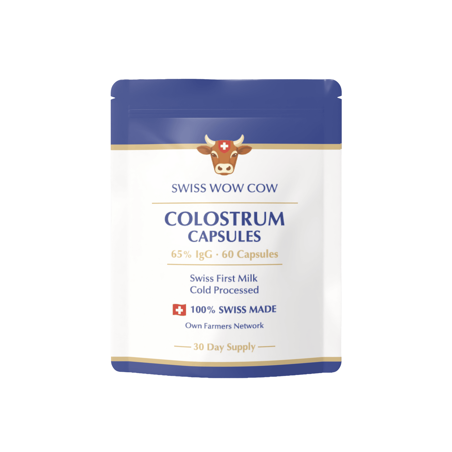 Swiss Wow Cow Colostrum Capsules, 65% IgG, 60 capsules, blue and white packaging, 100% Swiss made, 30-day supply.