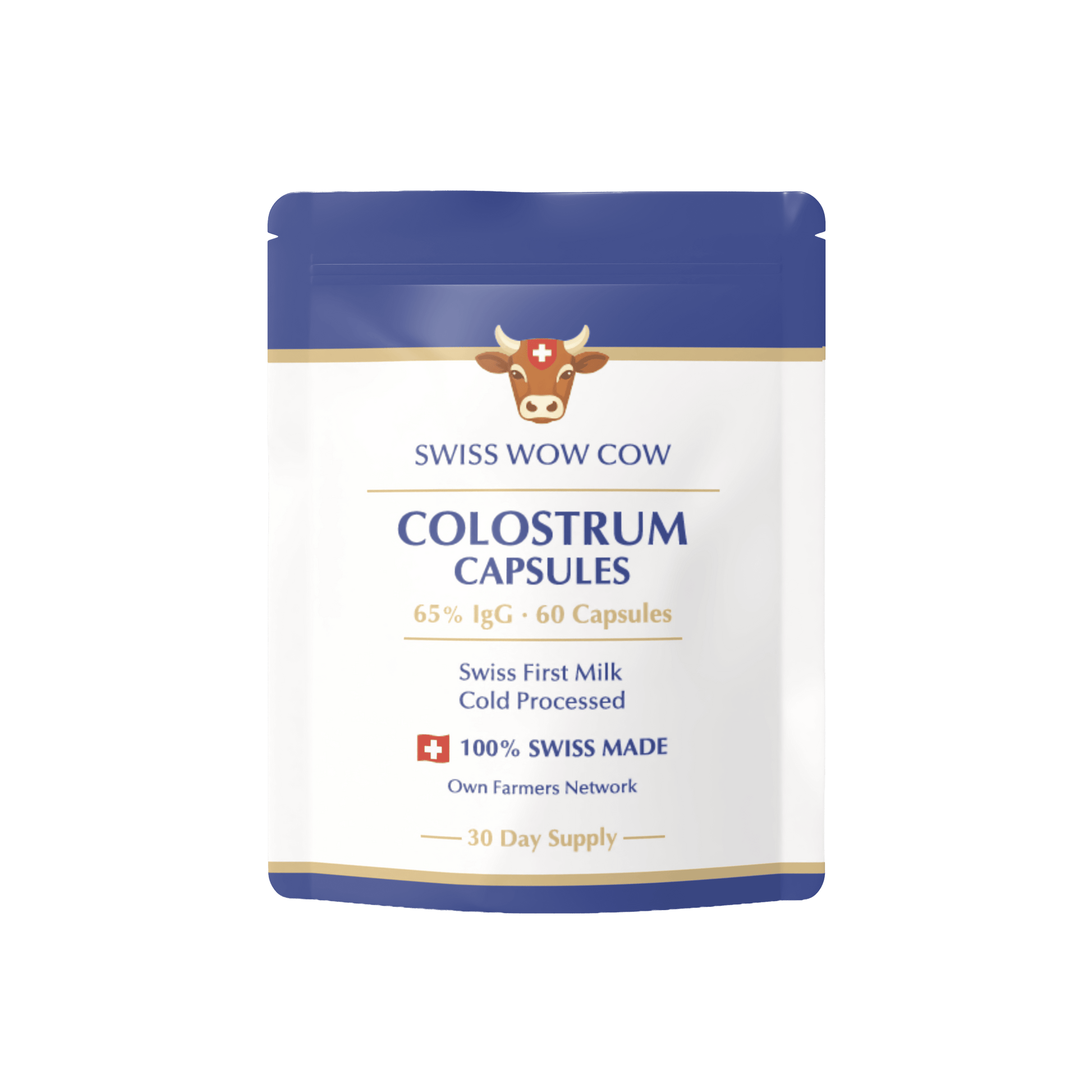 Swiss Wow Cow Colostrum Capsules, 65% IgG, 60 capsules, blue and white packaging, 100% Swiss made, 30-day supply.