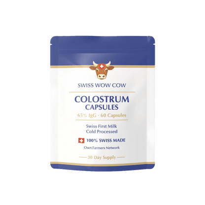 Swiss Wow Cow Colostrum Capsules, 65% IgG, 60 capsules, blue and white packaging, 100% Swiss made, 30-day supply.