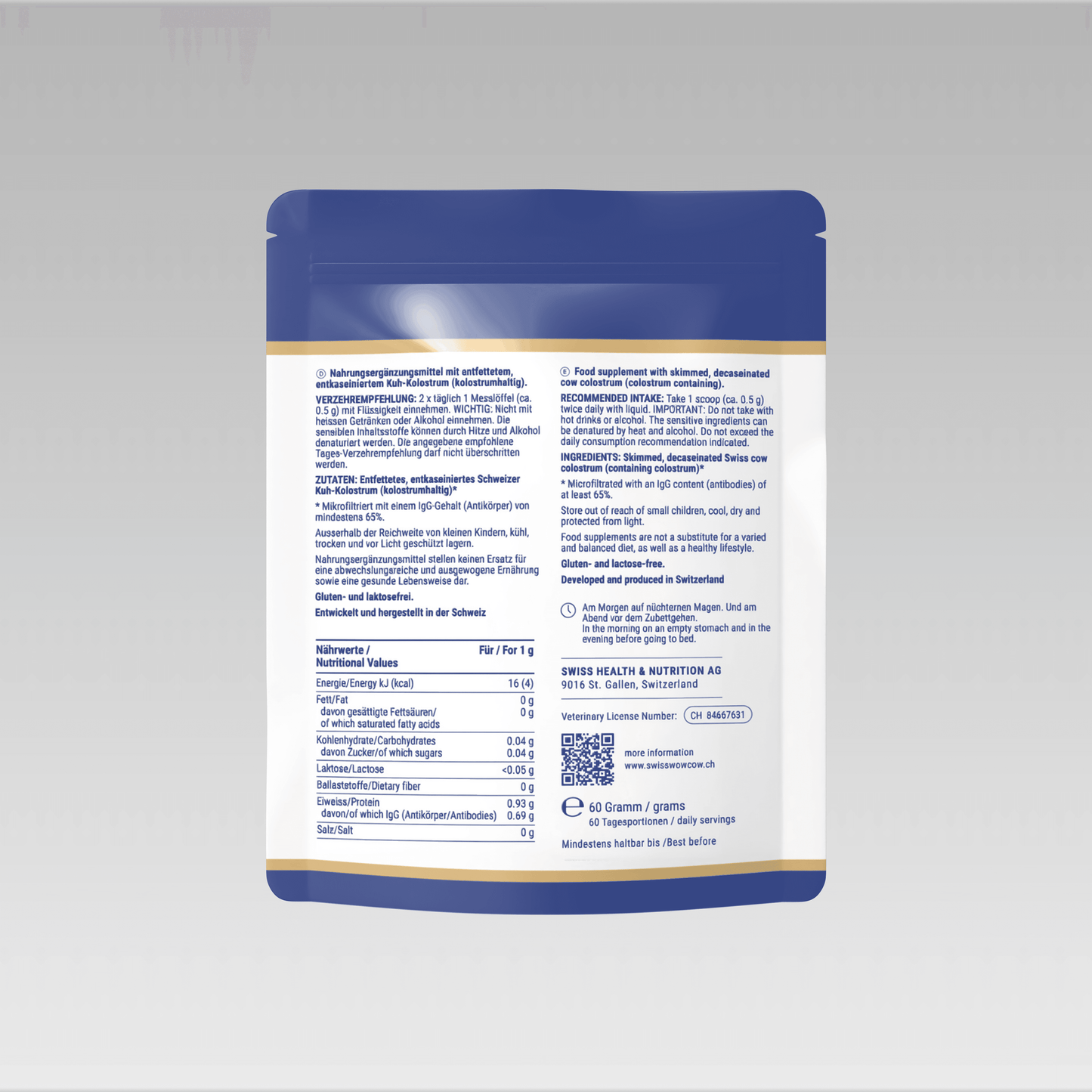 Nutritional supplement powder bag, blue and white packaging, detailed ingredient list on back, health-focused design.