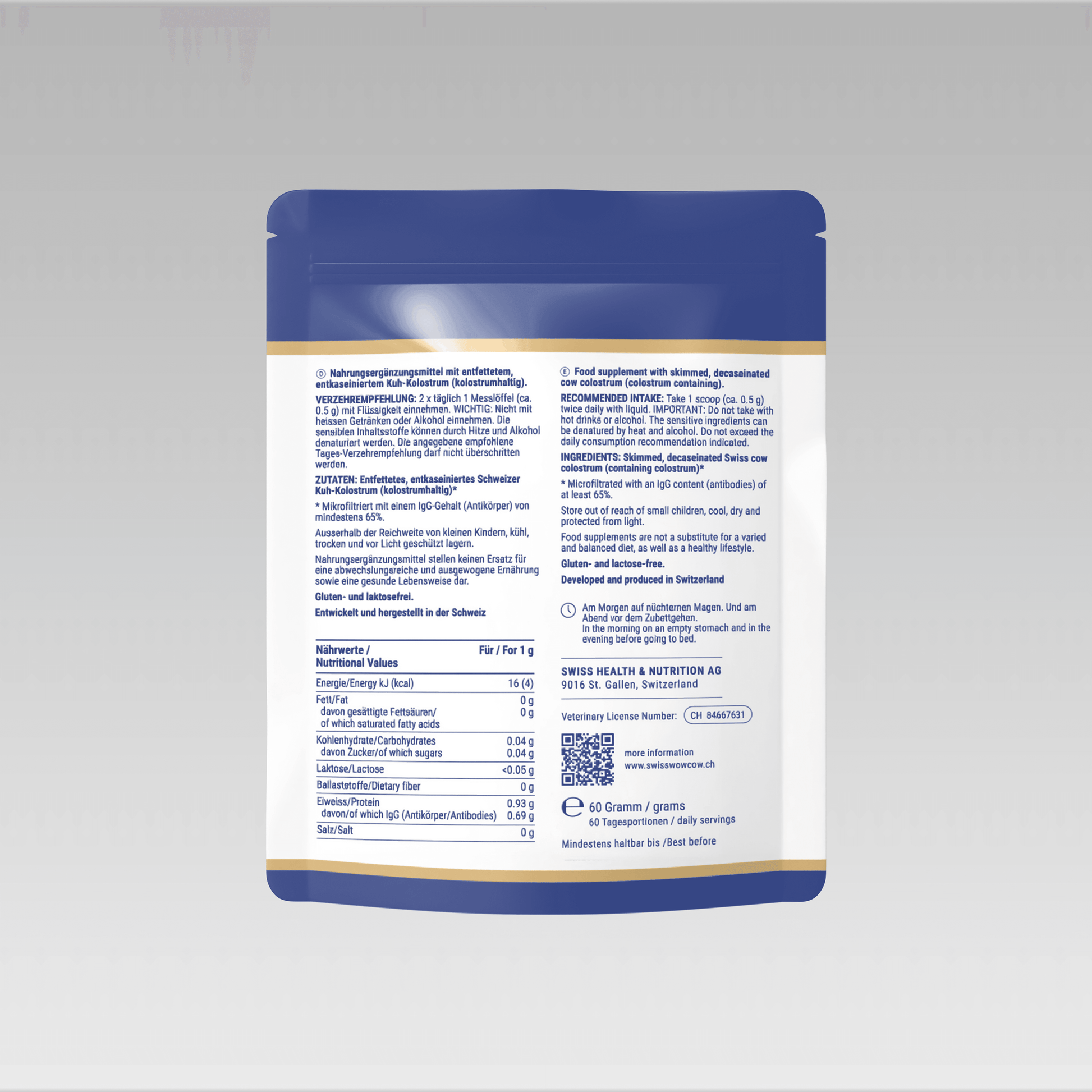 Nutritional supplement powder bag, blue and white packaging, detailed ingredient list on back, health-focused design.