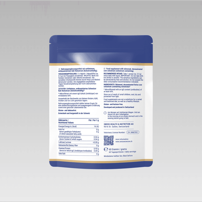 Nutritional supplement powder bag, blue and white packaging, detailed ingredient list on back, health-focused design.