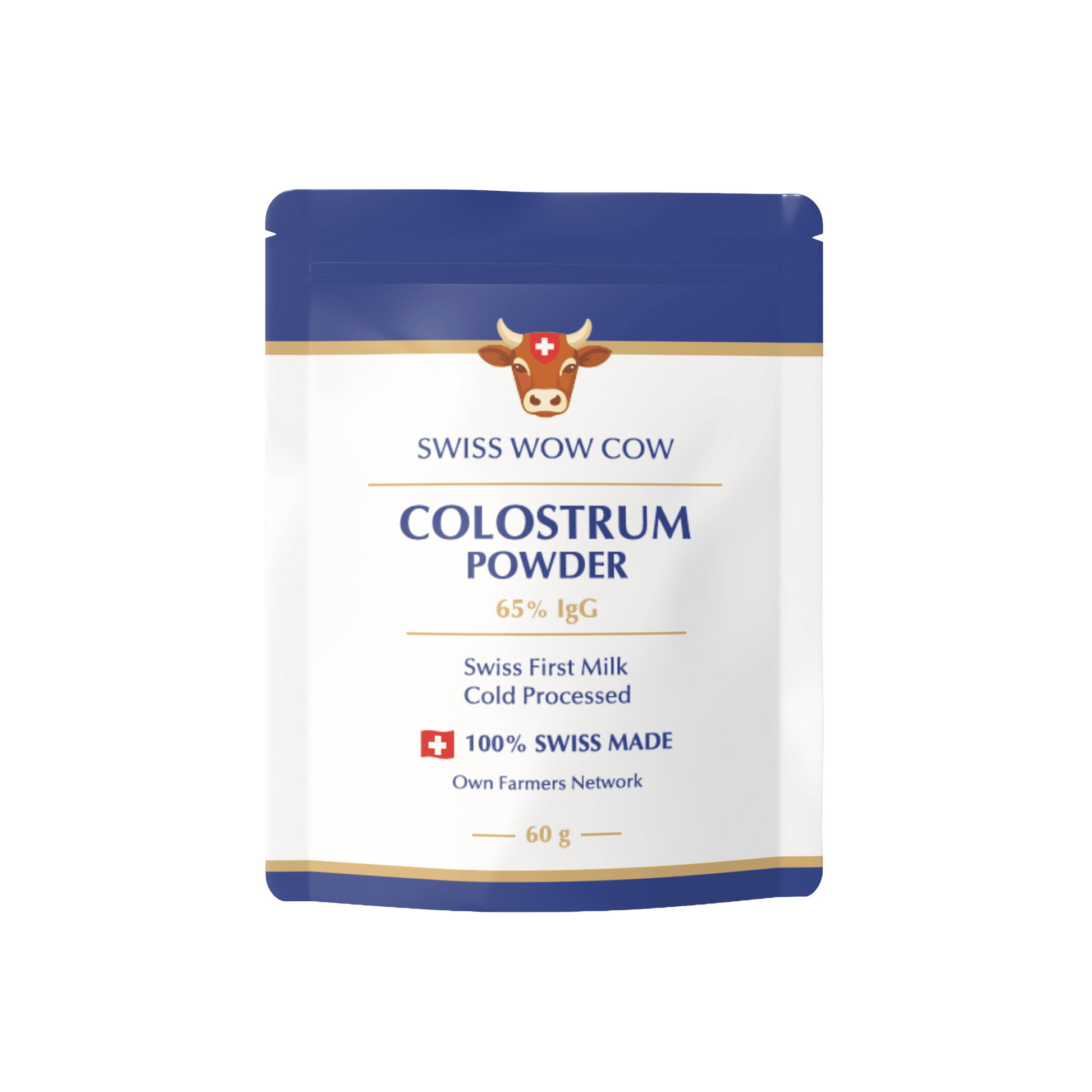 Swiss Wow Cow Colostrum Powder, 60g, cold-processed, 65% IgG, blue and white packaging, 100% Swiss made.