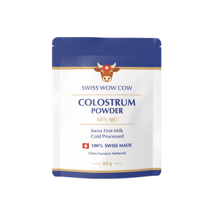 Swiss Wow Cow Colostrum Powder, 60g, cold-processed, 65% IgG, blue and white packaging, 100% Swiss made.