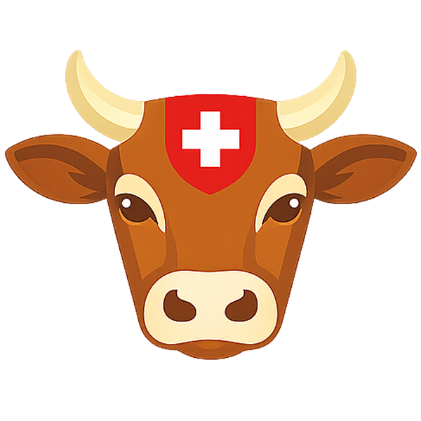 Brown cow head illustration with a red Swiss cross on its forehead, perfect for dairy-themed designs or decor.