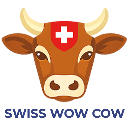 Illustration of a brown Swiss cow with a red Swiss cross on its forehead, featuring cartoonish style and bold colors.