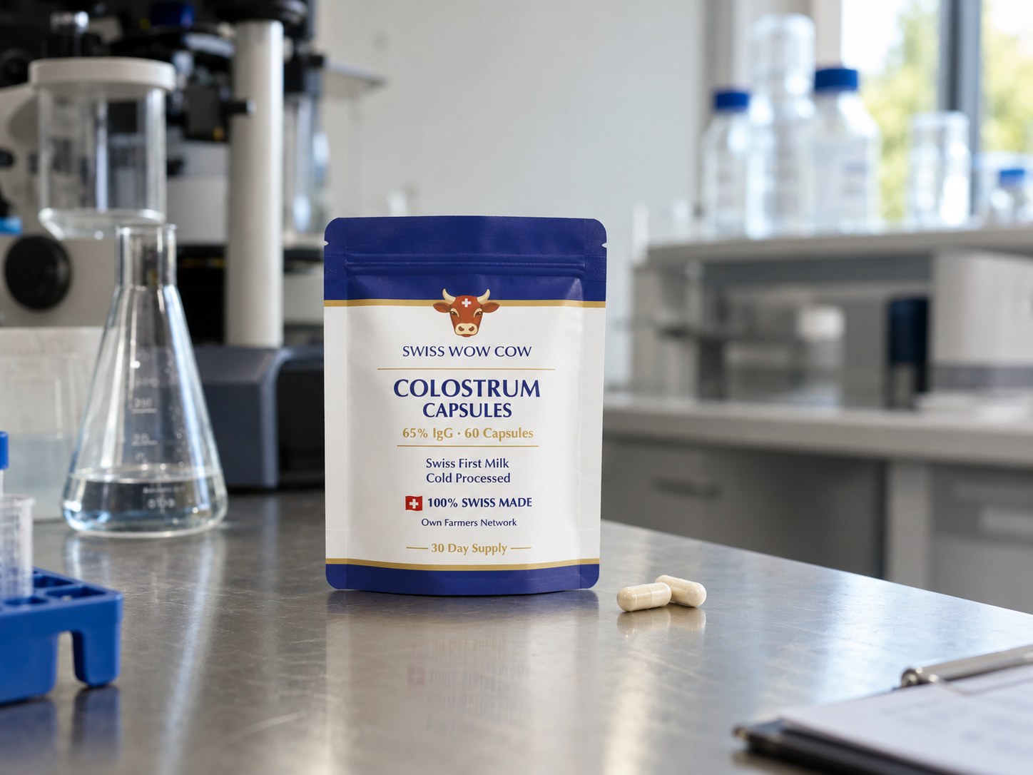 Swiss Wow Cow colostrum pouch on a laboratory bench beside a beaker of powder