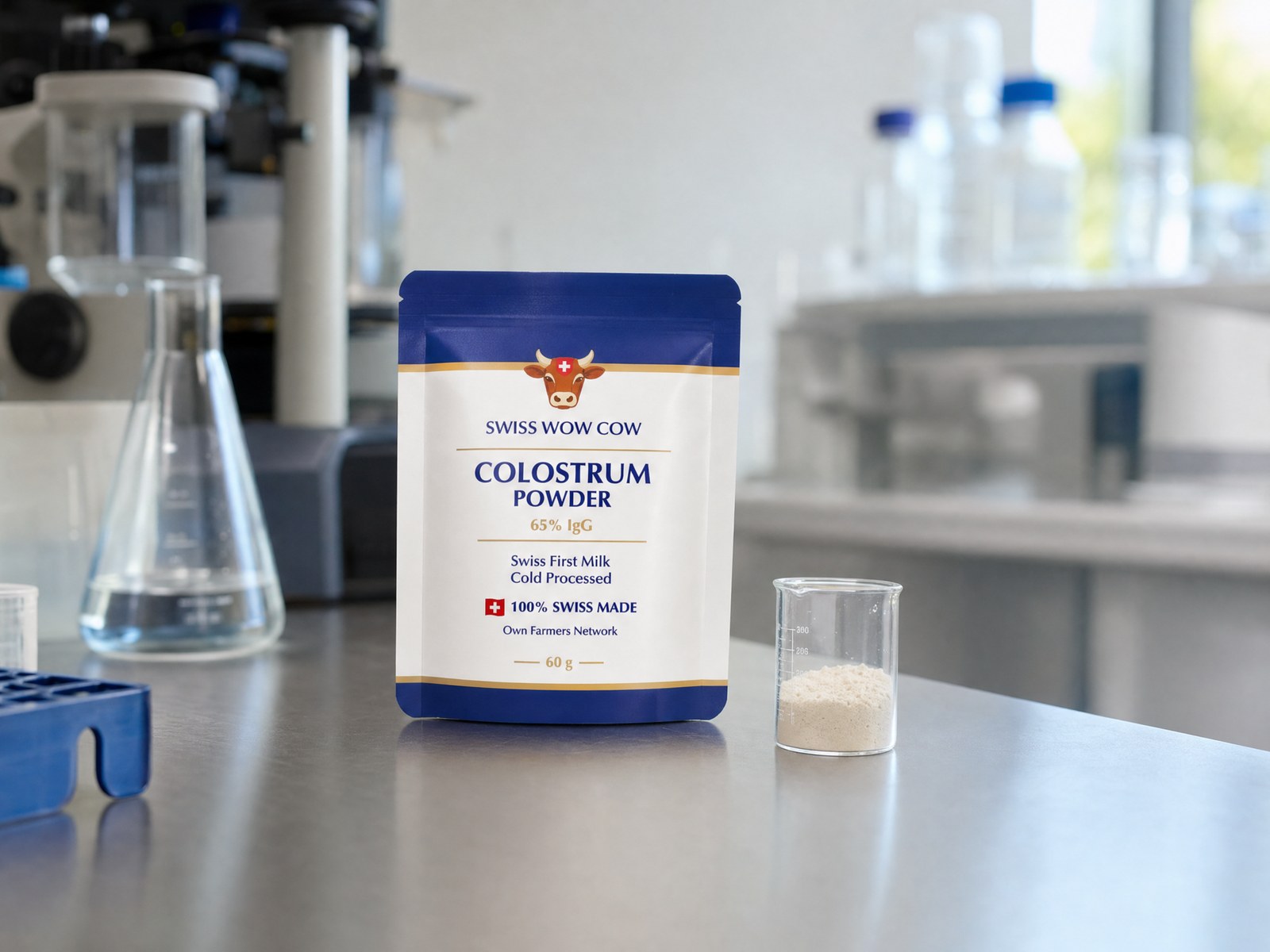 Swiss Wow Cow colostrum pouch on a laboratory bench beside a beaker of powder