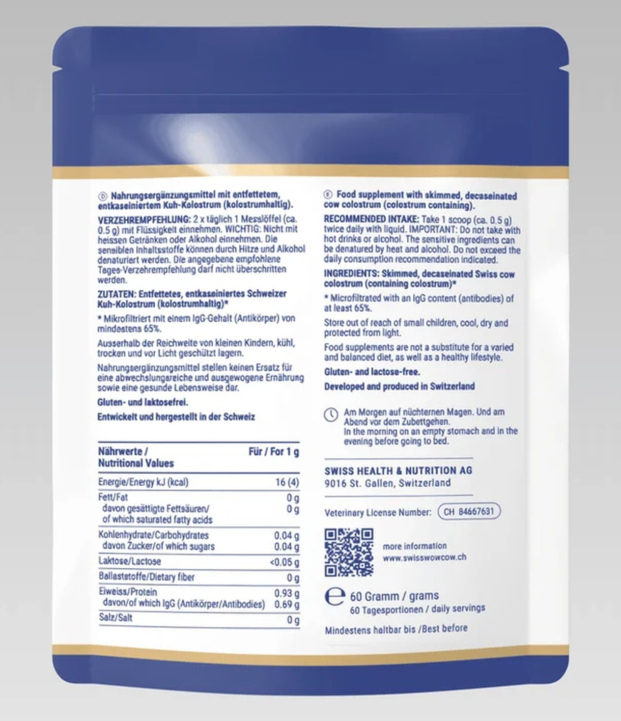 Original powder label showing 0.69 grams IgG per gram and the full ingredient and intake information